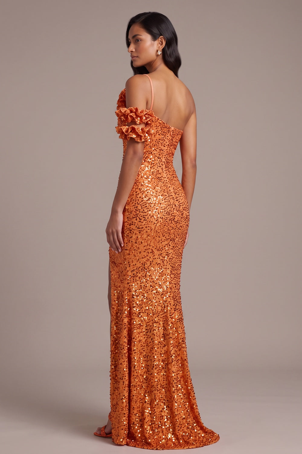 071a33098b7f68b2 ORANGE SEQUIN ONE-SHOULDER FLOOR-LENGTH GOWN