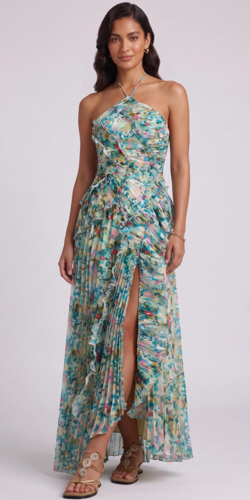 07275986b32cbabf GREEN CHIFFON A-LINE MAXI DRESS HIGH SLIT RUFFLED