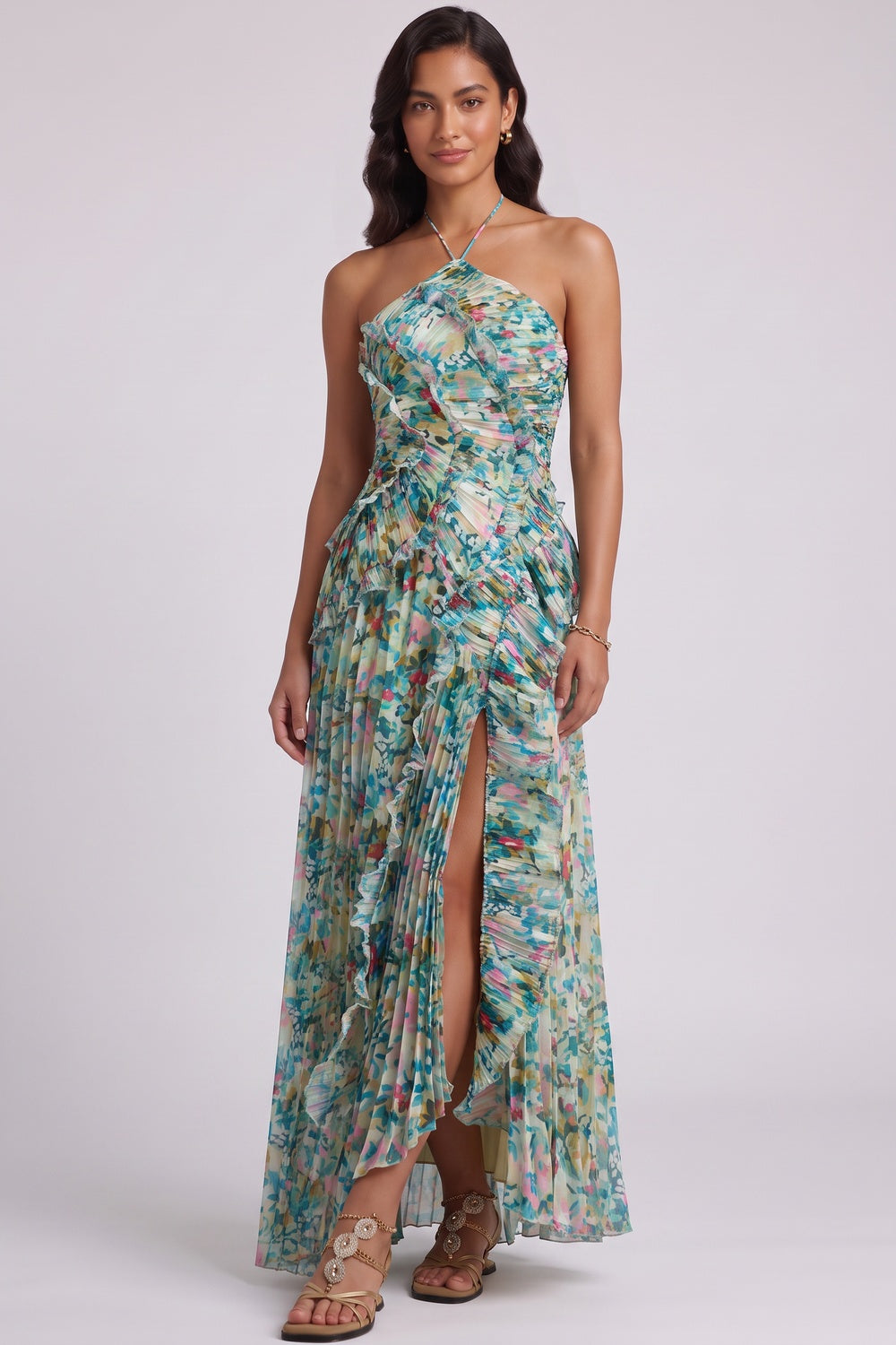 GREEN CHIFFON A-LINE MAXI DRESS HIGH SLIT RUFFLED