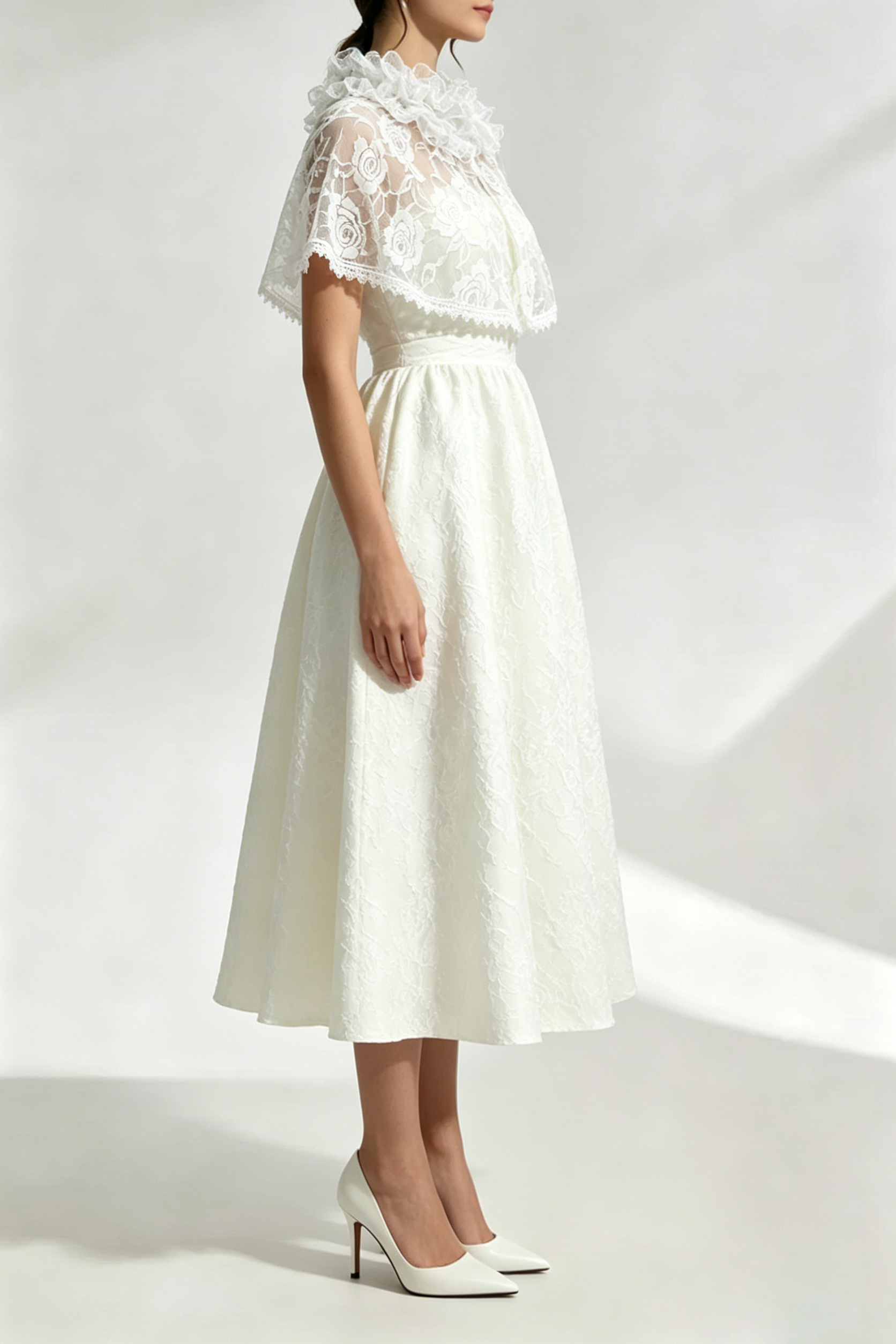 073358d97ce0cc1283d54957bd3bffad ELEGANT CAPE MIDI DRESS | IVORY WEDDING GUEST