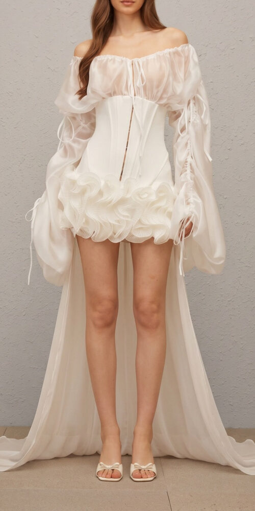 0734c2b1308b8b26 OFF SHOULDER CORSET RUFFLE HIGH LOW MINI DRESS