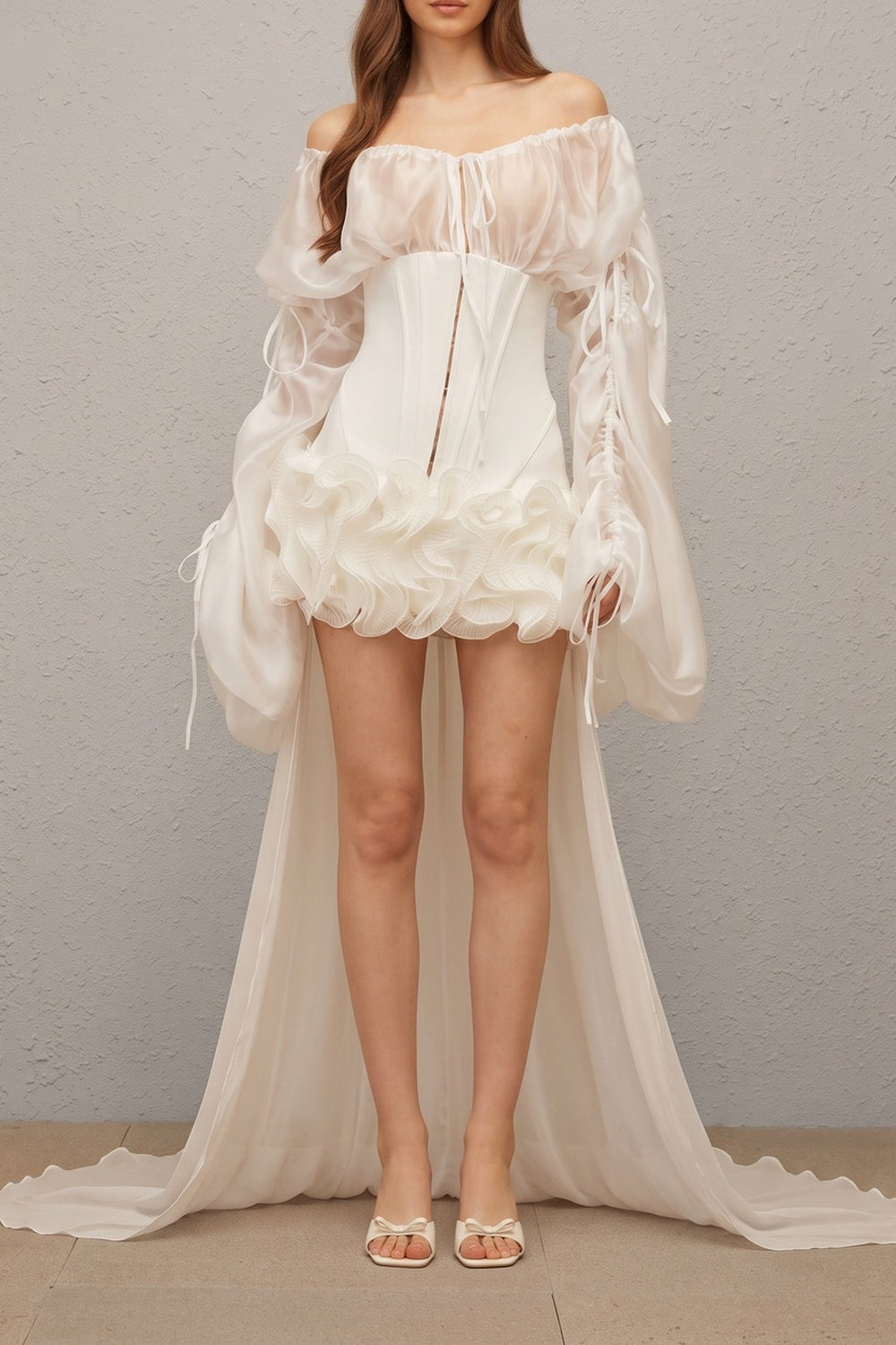 0734c2b1308b8b26 OFF SHOULDER CORSET RUFFLE HIGH LOW MINI DRESS