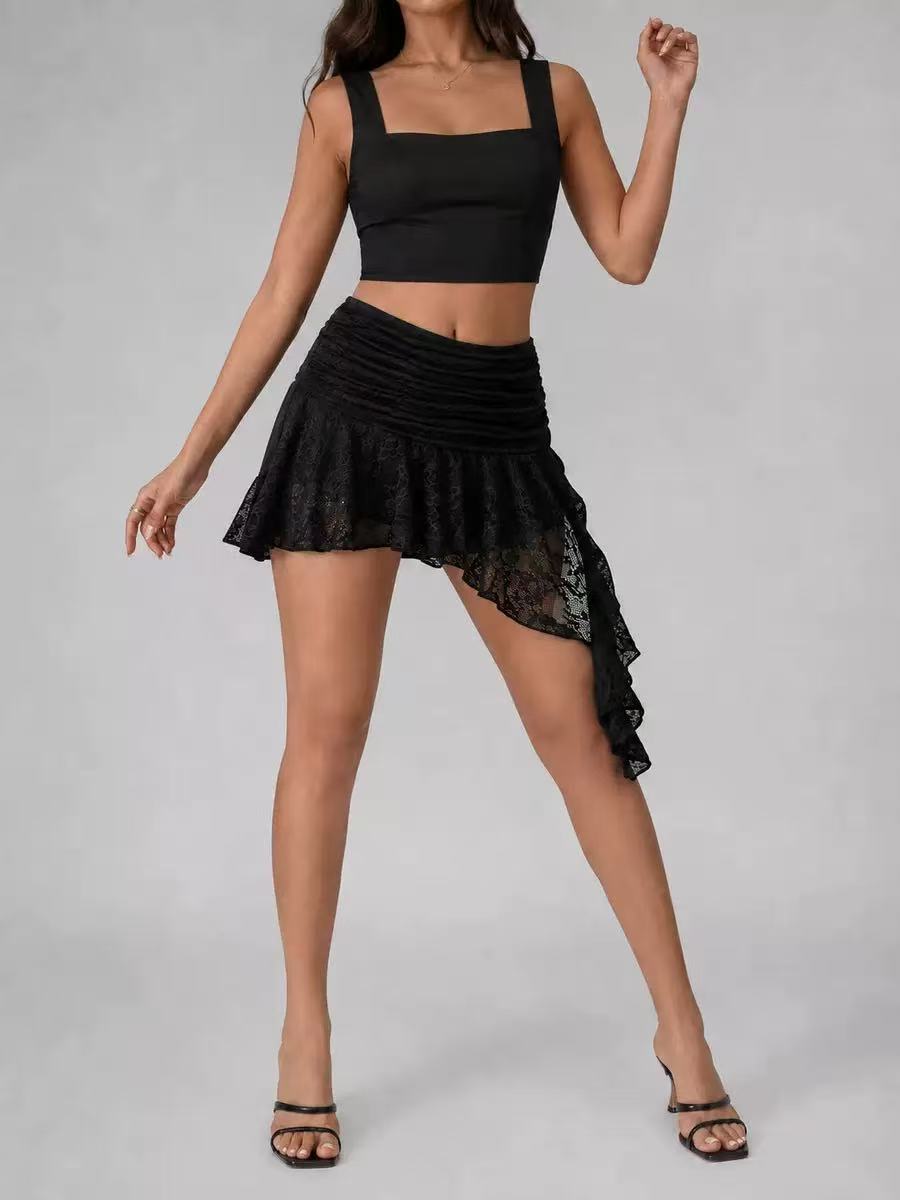 074760785abe35054fa3524166b2330b RUCHED LACE ASYMMETRIC MINI SKIRT FOR PARTY