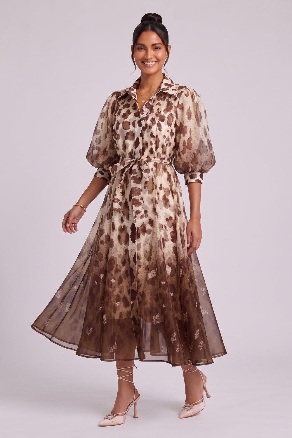 08060534d0591615 OMBRE LEOPARD PUFF SLEEVE MIDI SHIRT DRESS