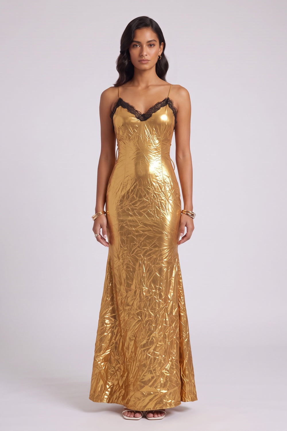 08cbf5611e5fbd46 GOLD LACE TRIM MERMAID MAXI DRESS, SPAGHETTI STRAP EVENING GOWN