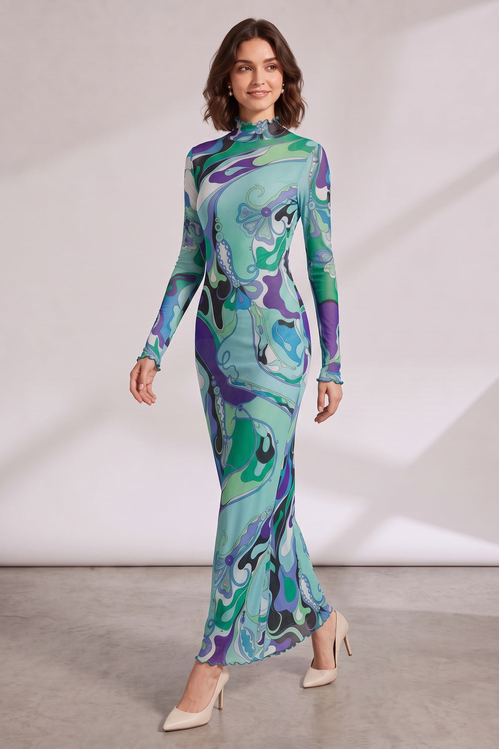 08d459877f66d806 RETRO SWIRL MESH HIGH NECK MAXI DRESS