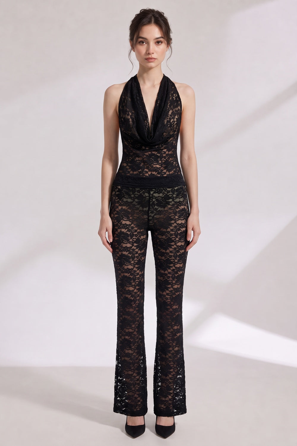 08f07c345e072974 BLACK LACE HALTER JUMPSUIT COWL NECK