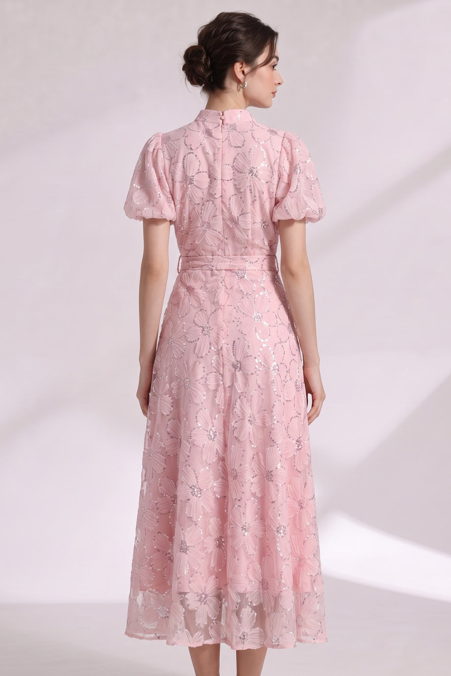 LIGHT PINK SHEER ORGANZA A-LINE MIDI DRESS FLORAL APPLIQUE
