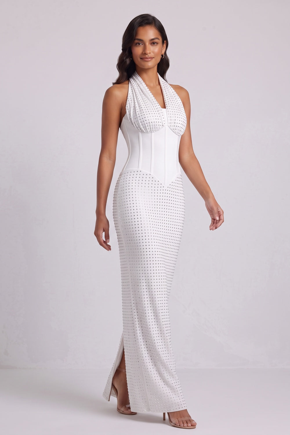 092dcd703625a25a WHITE STRUCTURED KNIT COLUMN GOWN