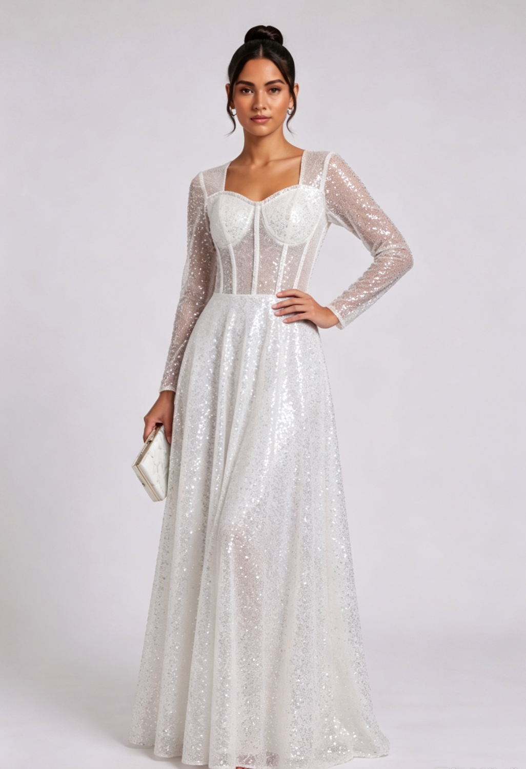 WHITE SEQUIN TULLE A-LINE PROM GOWN