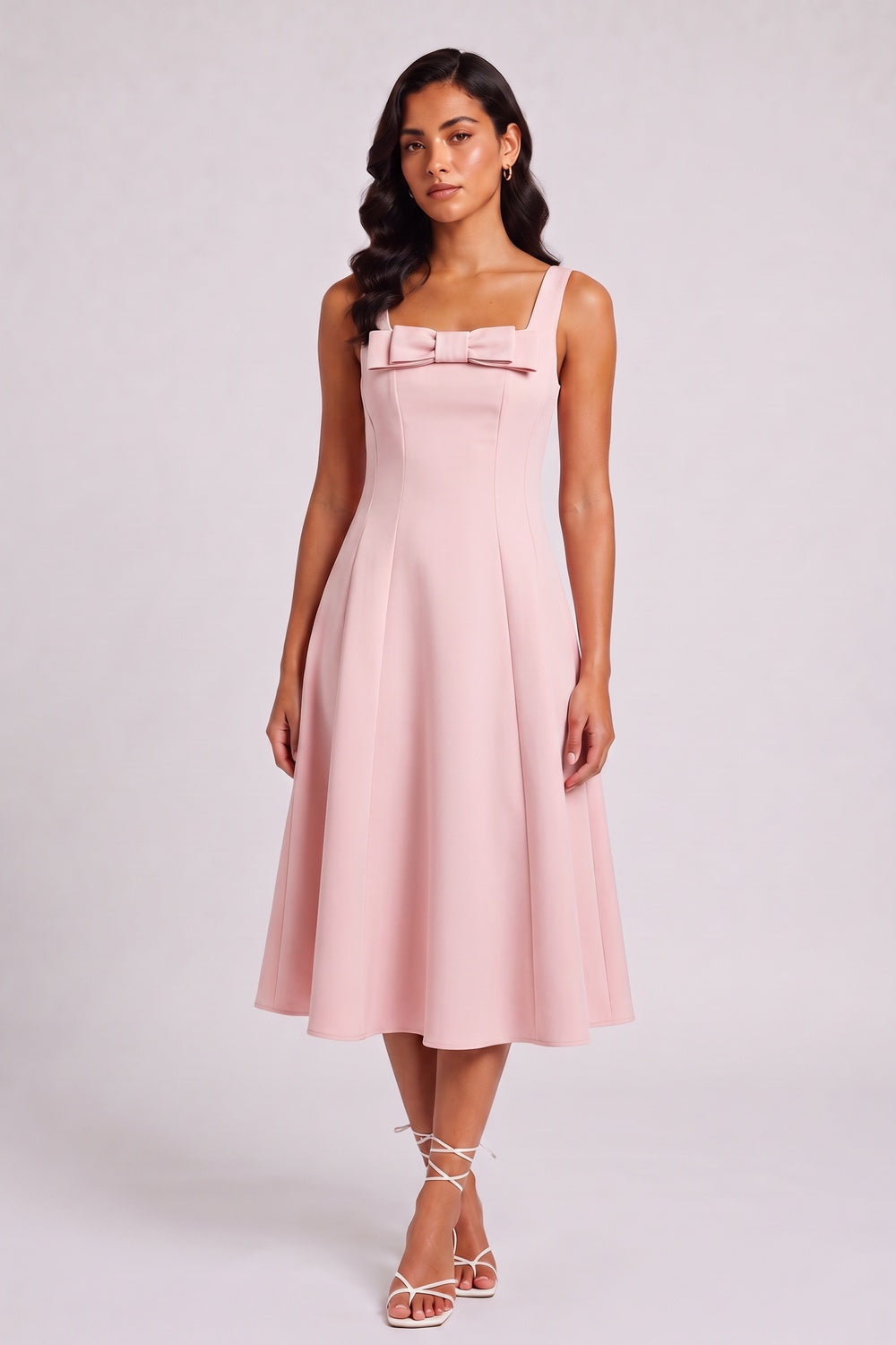 0a0fe85bee8e0578 SQUARE NECK BOW SATIN MIDI SWING DRESS