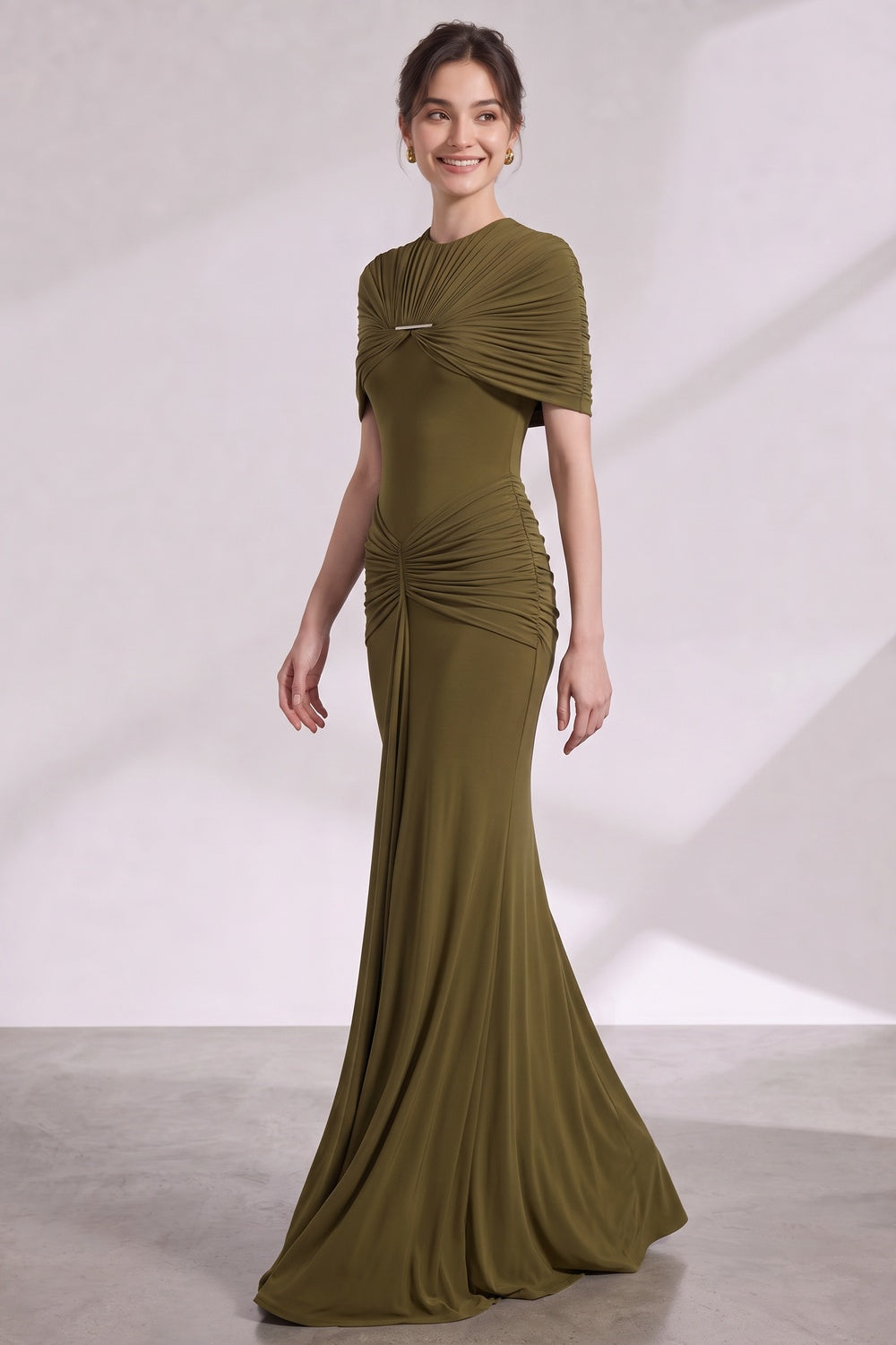 0a2403c26fbba4ff OLIVE GREEN RUCHED COLUMN GOWN STRETCH JERSEY