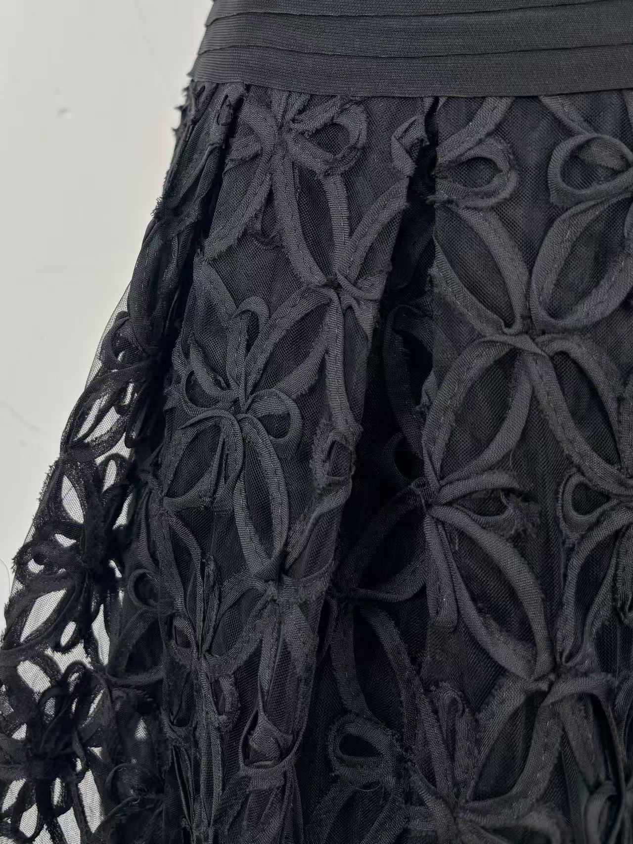 0a3bbb5d2ad5ae09913e73da57028a3d BLACK LACE MIDI DRESS, SPAGHETTI STRAP PLEATED BODICE, FLORAL CUTOUT
