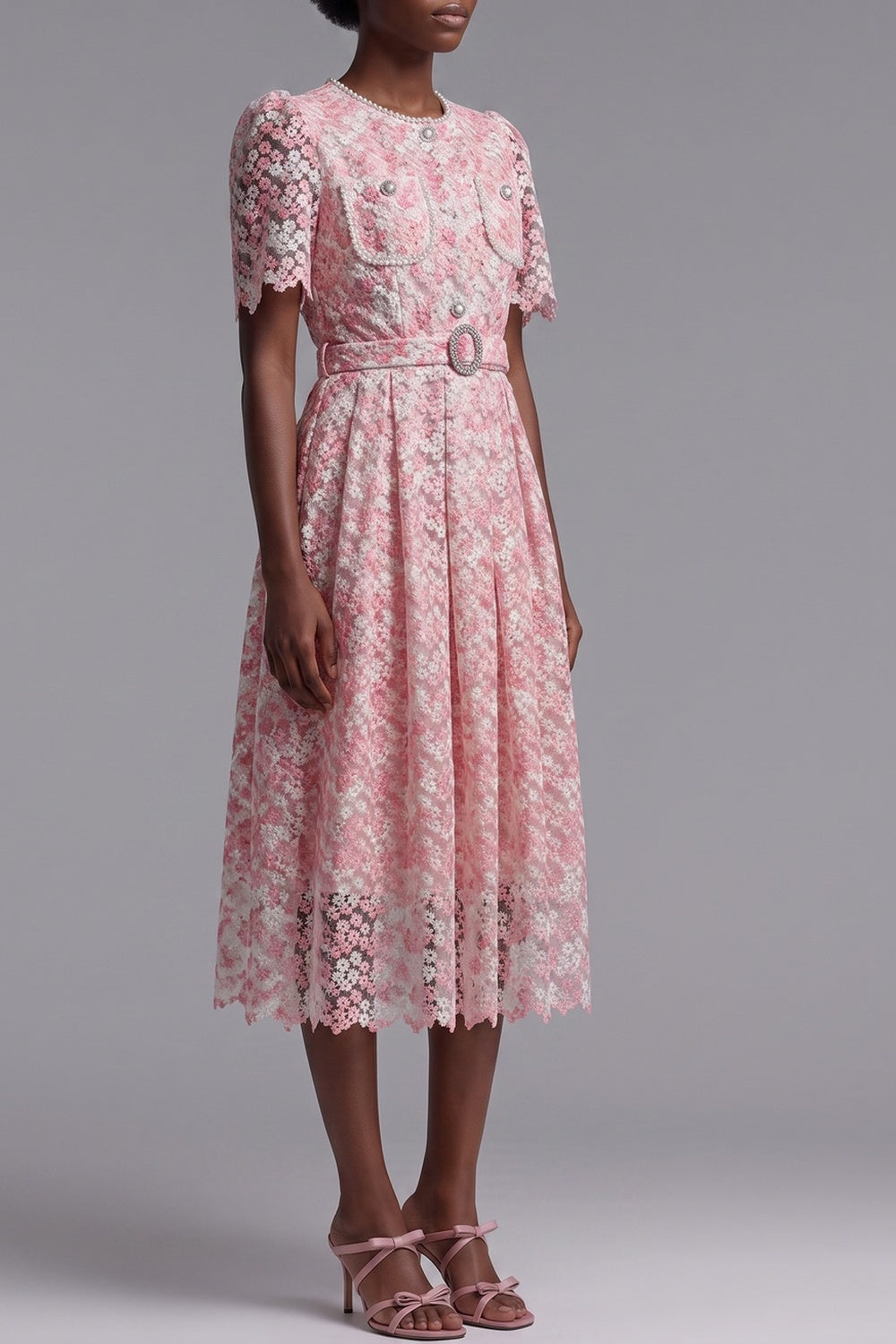 0a47f3a15c81d132 PINK FLORAL LACE MIDI DRESS W/ BELT
