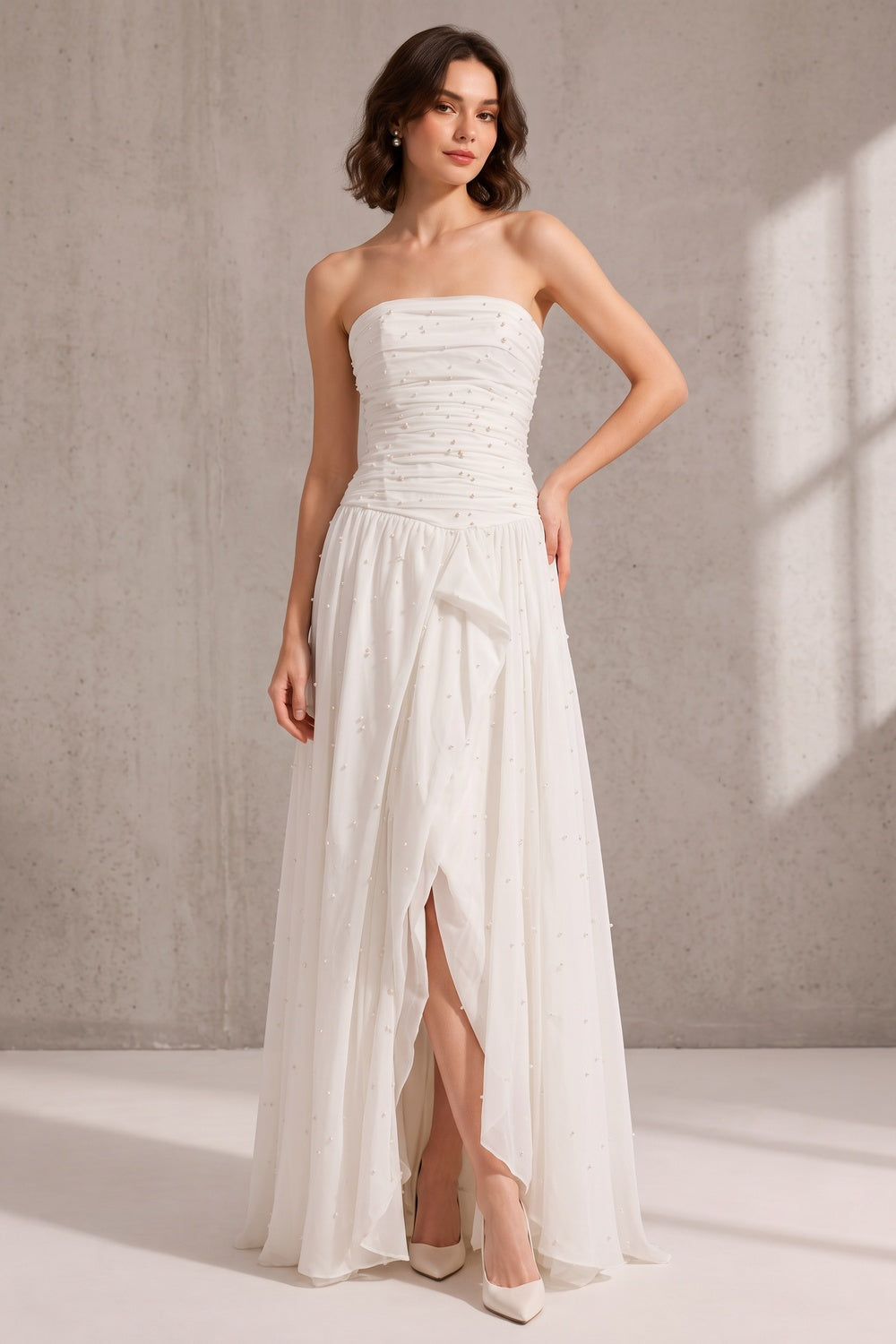 0a64e40a90c6bd62 WHITE STRAPLESS RUCHED PEARL CHIFFON HIGH SLIT MAXI GOWN