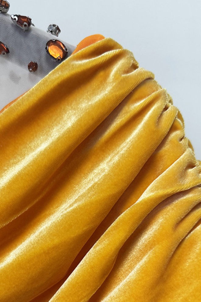 YELLOW VELVET OFF-SHOULDER BEADED GOWN