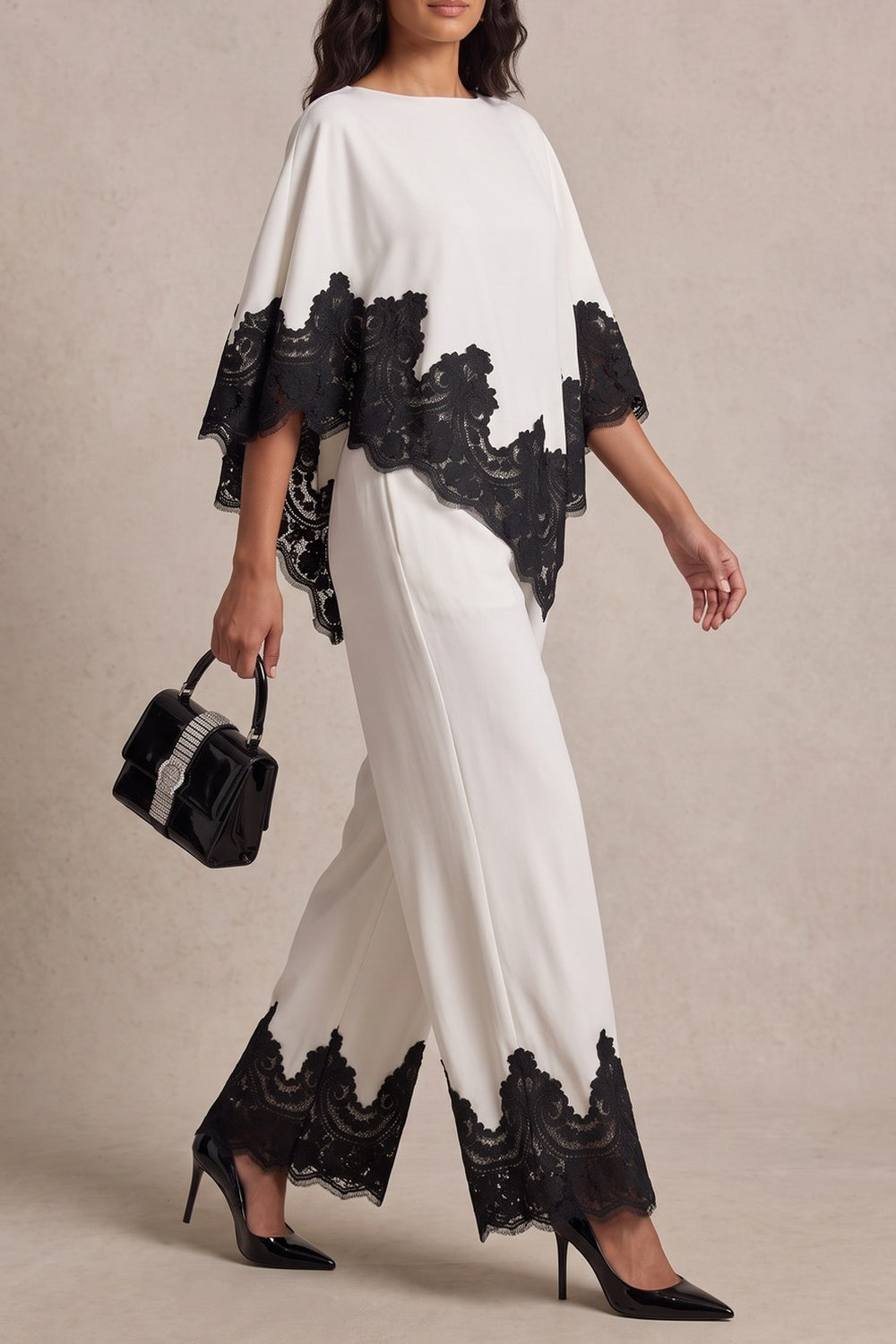 0aa67512a02c4232 BLACK LACE TRIM FLARE SLEEVE TOP WIDE LEG PANTS CO-ORD