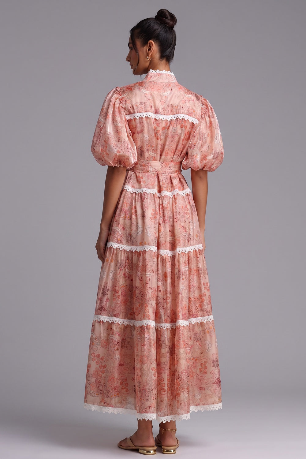 PEACH ORGANZA A-LINE TIERED MAXI DRESS BOTANICAL FLORAL