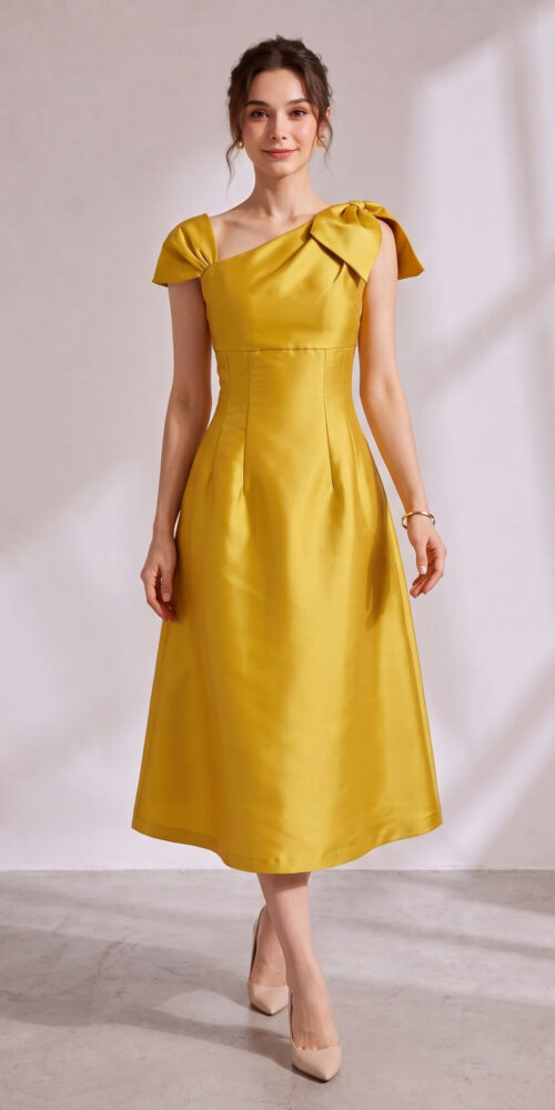 YELLOW ASYMMETRICAL BOW SATIN MIDI PARTY DRESS