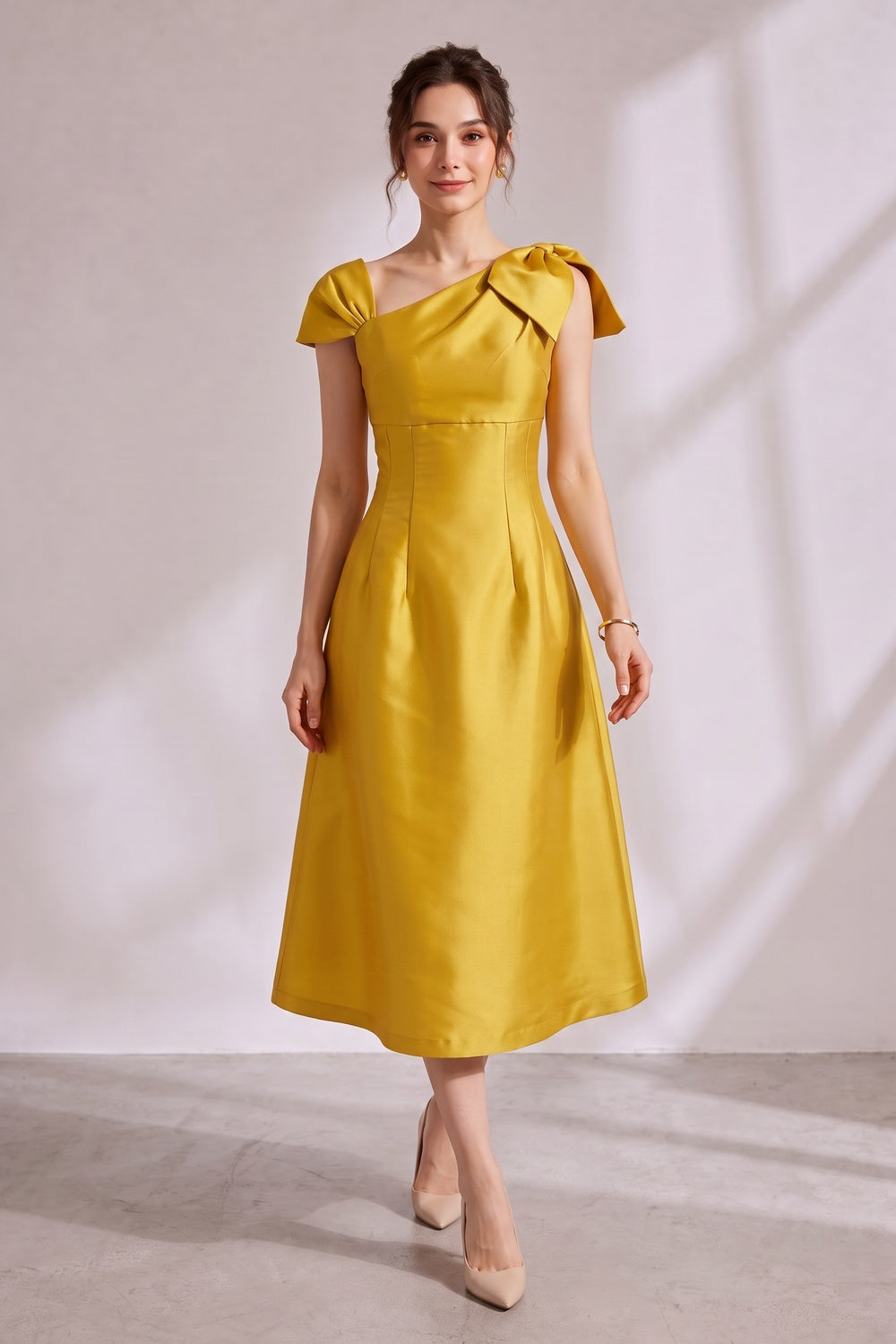 0b711a3d1e3f9abf YELLOW ASYMMETRICAL BOW SATIN MIDI PARTY DRESS