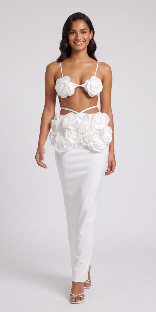 0b7348df69e79f79 WHITE FITTED COLUMN TWO-PIECE SET | CREPE SATIN BRALETTE MAXI SKIRT