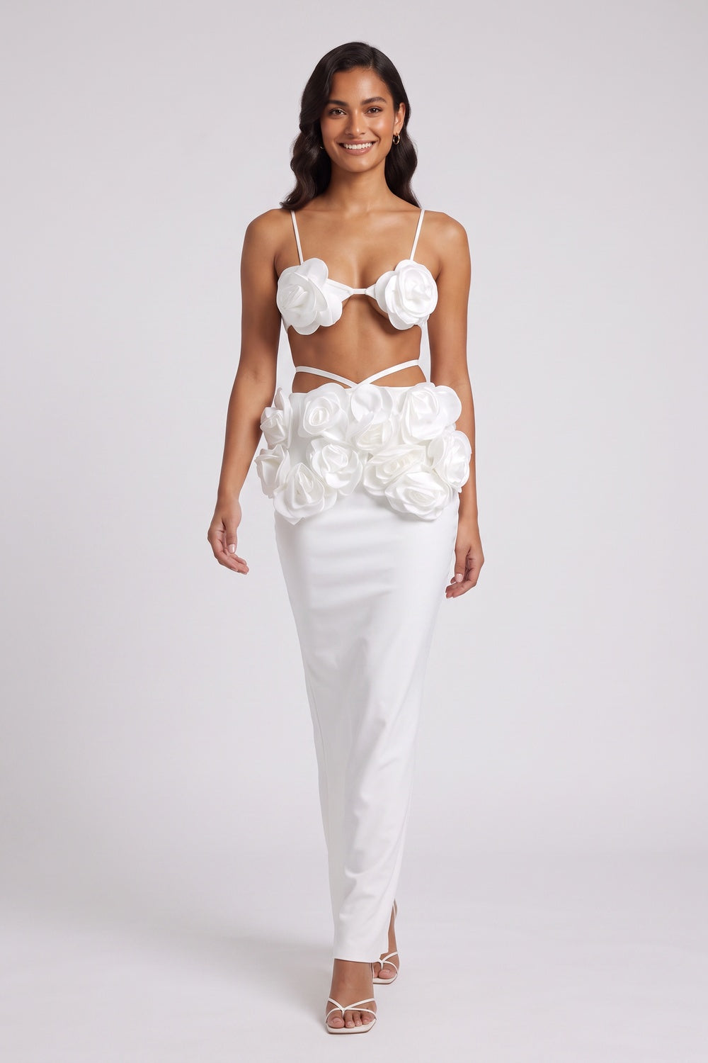0b7348df69e79f79 WHITE FITTED COLUMN TWO-PIECE SET | CREPE SATIN BRALETTE MAXI SKIRT