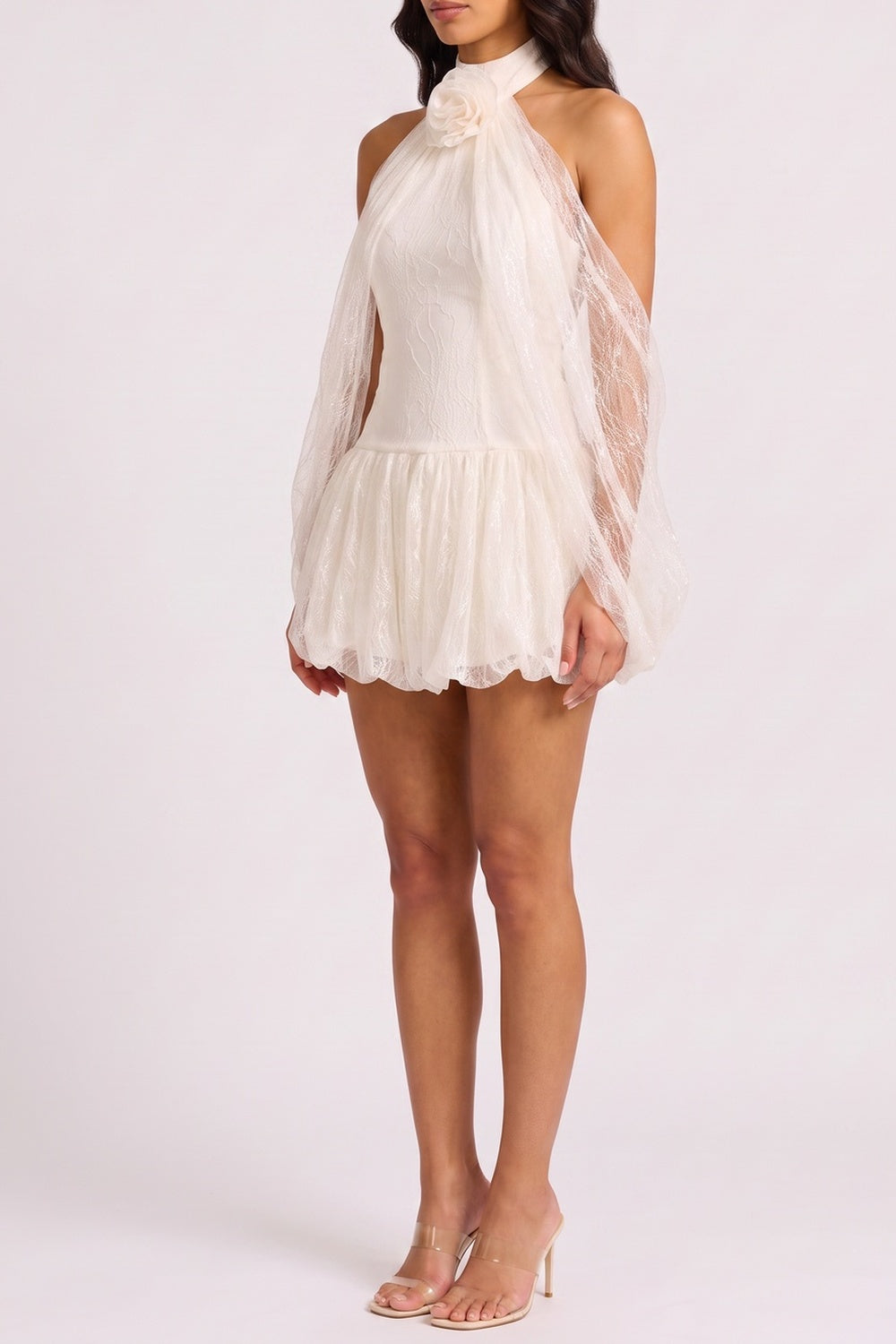 0ba3266a22baa682 HALTER 3D LACE BELL SLEEVE MINI DRESS