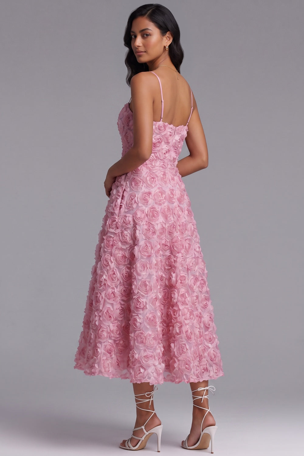 0c0971996f1de044 PINK ROSETTE MESH A-LINE MIDI DRESS FOR WEDDING GUEST