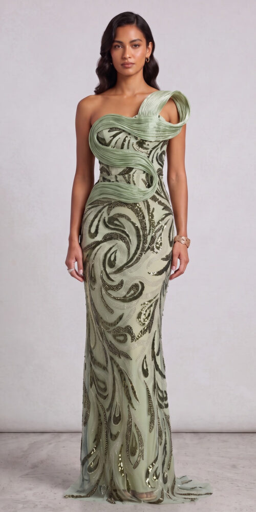 0c3b2ecc2c4c3159 SAGE GREEN ONE-SHOULDER SEQUIN GOWN FOR EVENING