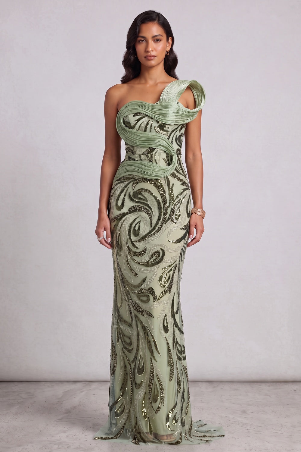0c3b2ecc2c4c3159 SAGE GREEN ONE-SHOULDER SEQUIN GOWN FOR EVENING