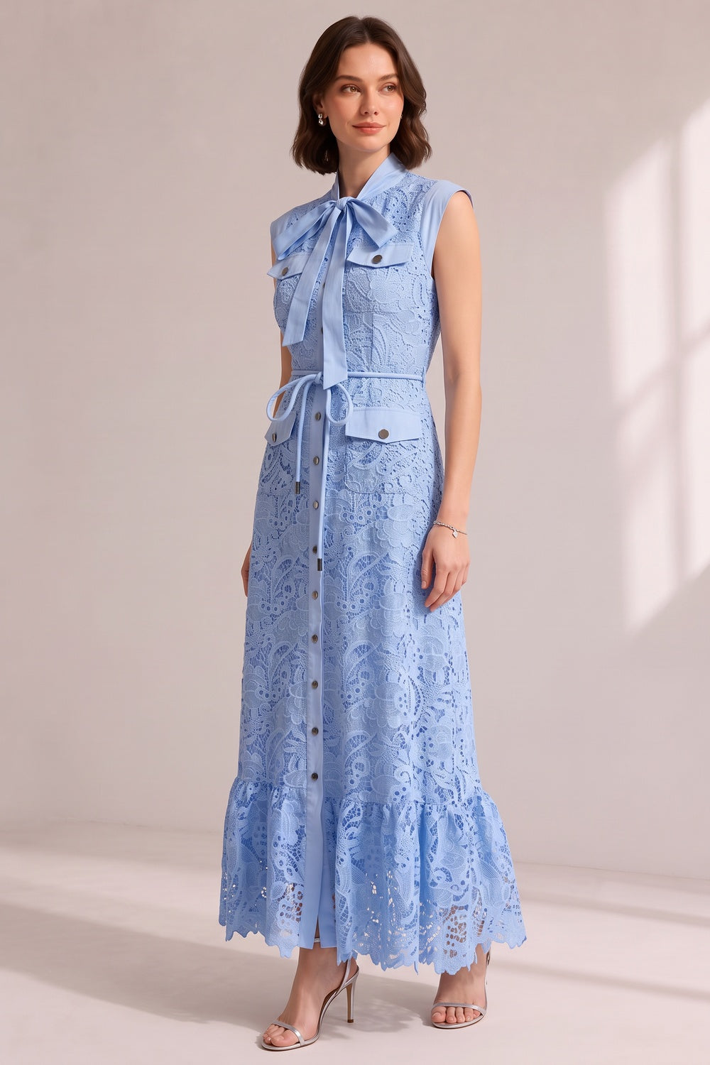 0c887a394c198611 SKY BLUE SLEEVELESS LACE MIDI SHIRT DRESS