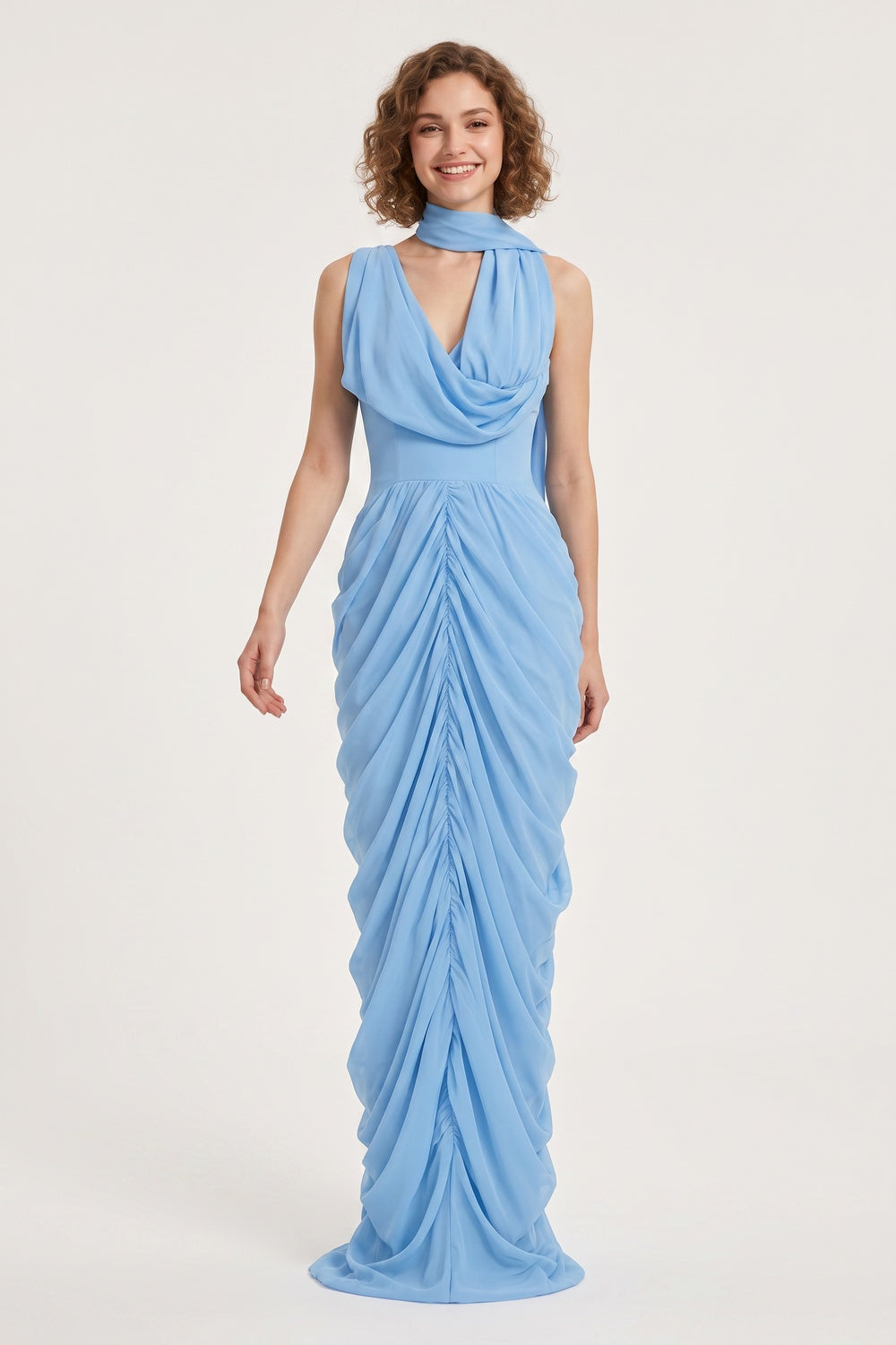 LIGHT BLUE COWL NECK RUCHED MAXI GOWN