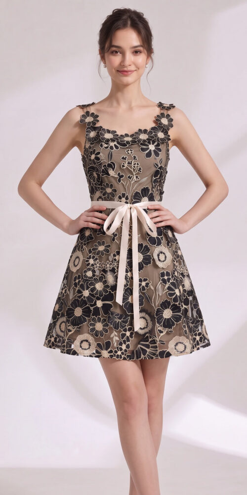 0cb00047aeb9eab1 BLACK EMBROIDERED TULLE A-LINE MINI DRESS