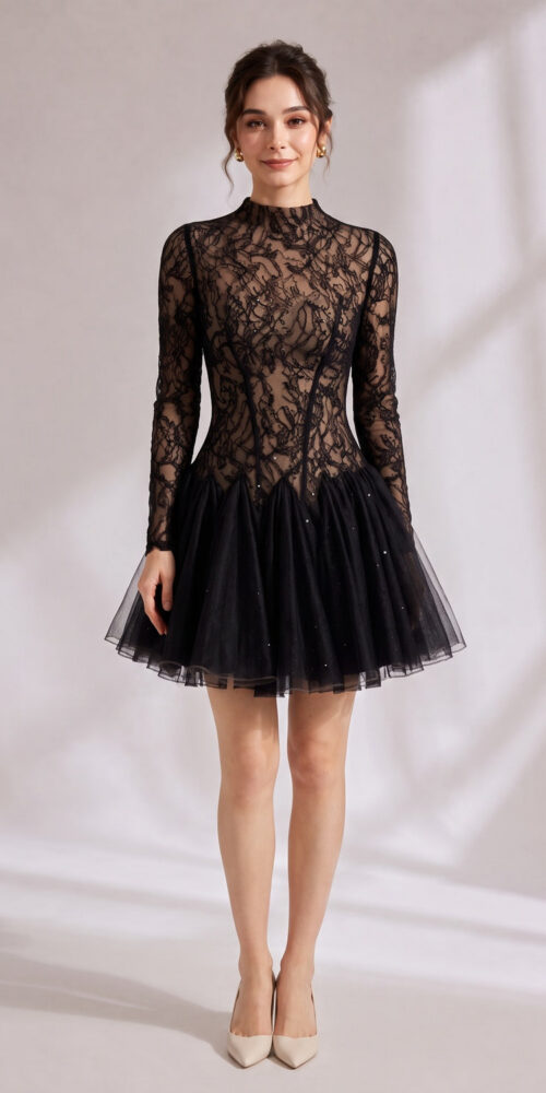 0cbce34063c29e85 BLACK SHEER LACE HIGH NECK LONG SLEEVE TULLE MINI DRESS