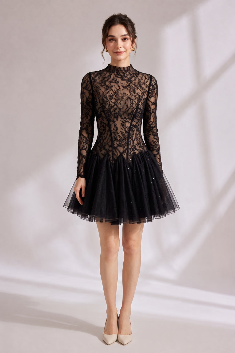0cbce34063c29e85 BLACK SHEER LACE HIGH NECK LONG SLEEVE TULLE MINI DRESS