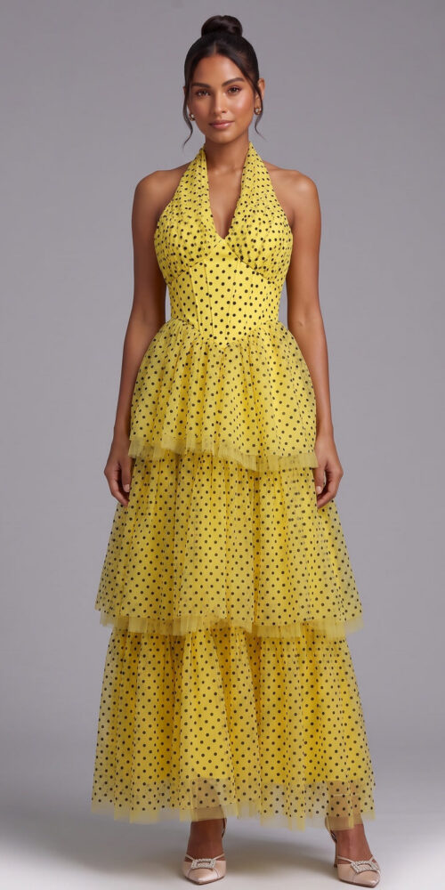 0cd1e983cbee6fce YELLOW POLKA DOT TIERED HALTER MAXI DRESS