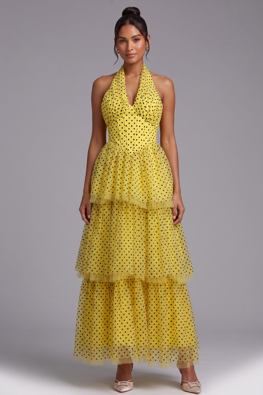 0cd1e983cbee6fce YELLOW POLKA DOT TIERED HALTER MAXI DRESS