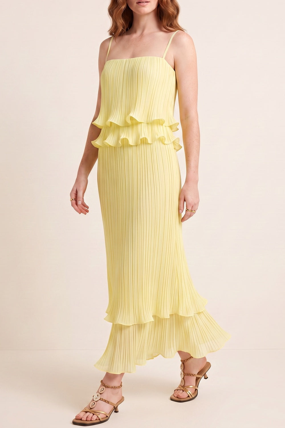 0ce3dcfcf510f866 PLEATED RUFFLE CAMI TOP & TIERED MIDI SKIRT SET