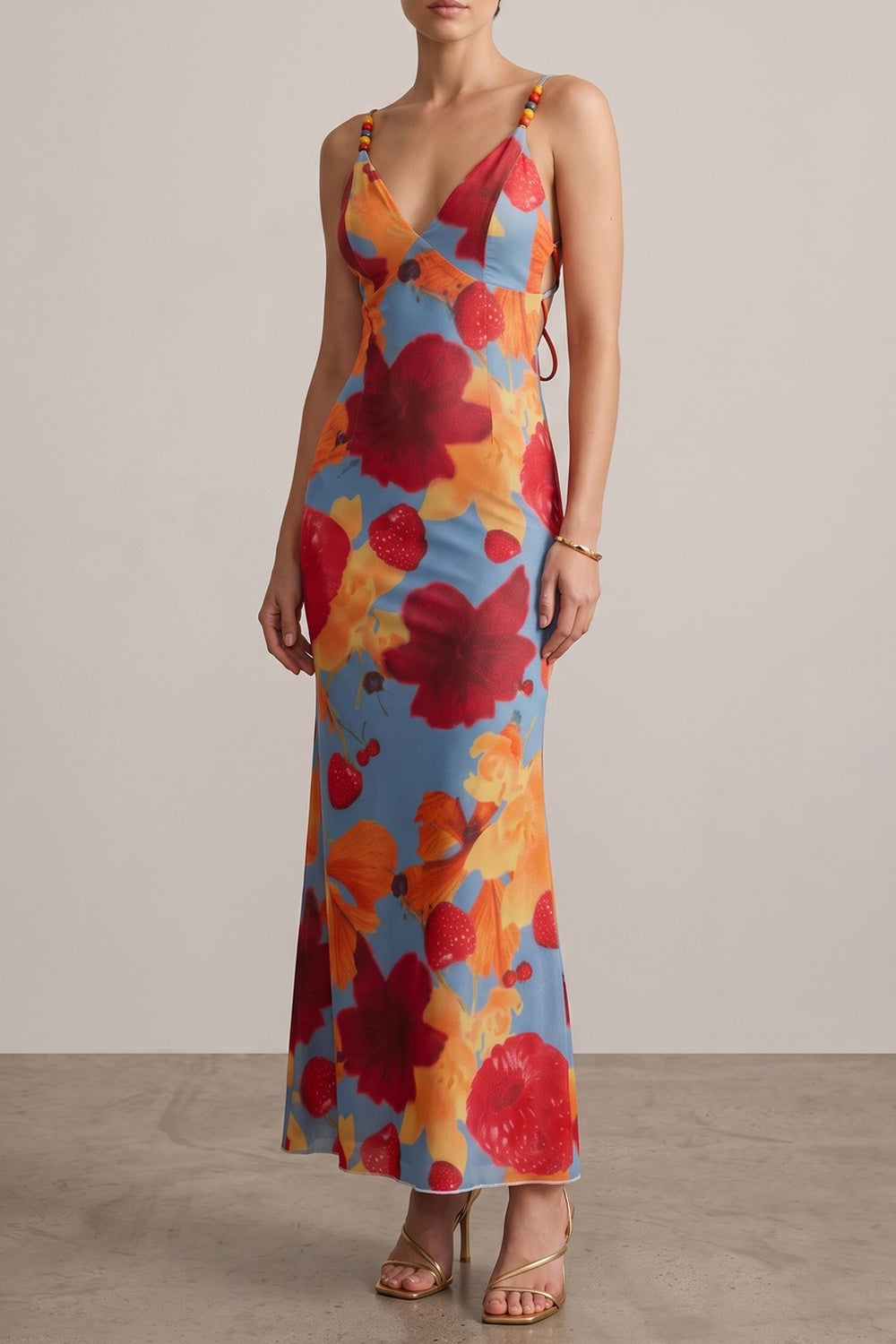 0cfa6186389f59e0 BEADED STRAP TROPICAL FLORAL MERMAID MAXI DRESS