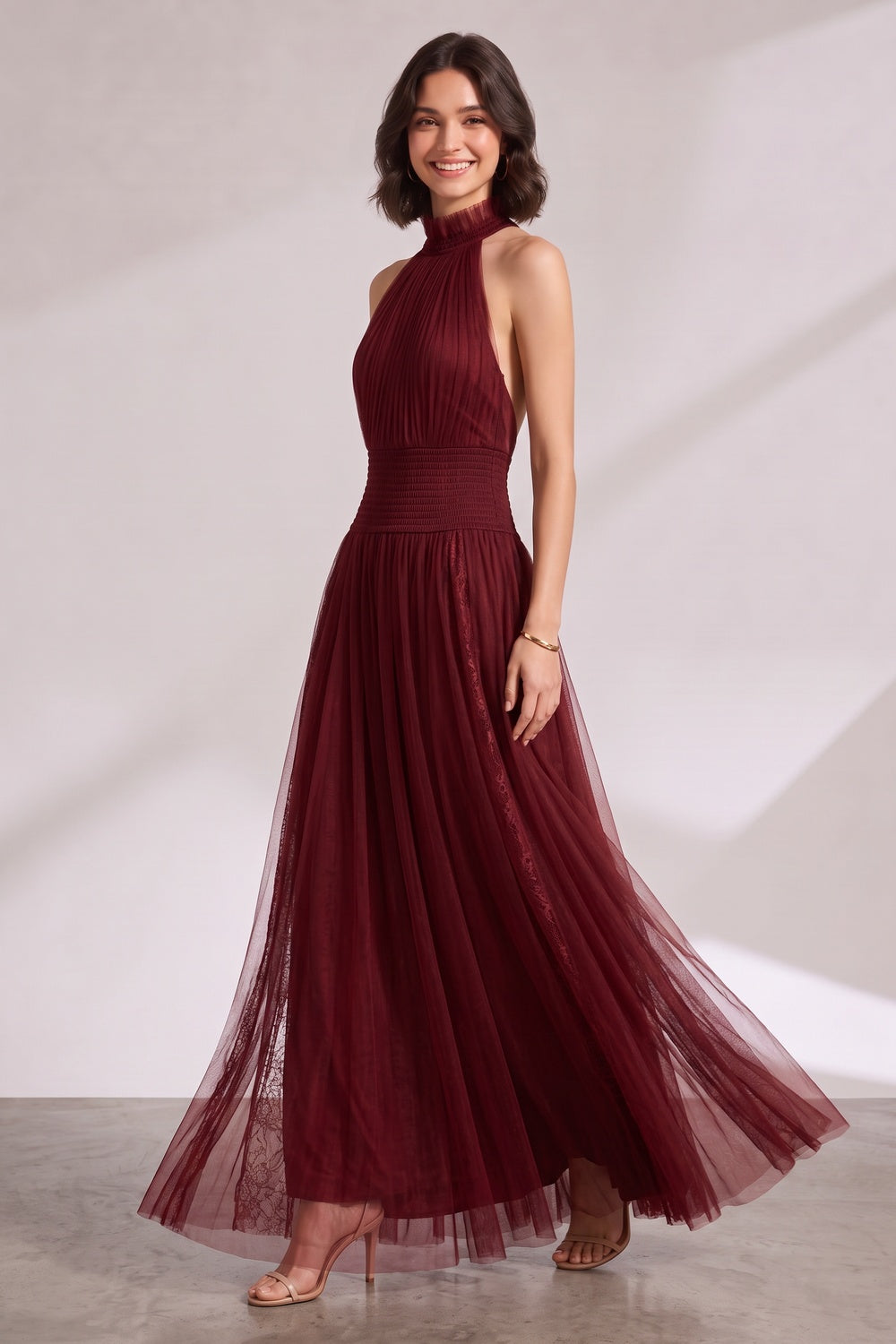 BURGUNDY HALTER PLEATED MAXI DRESS FOR WEDDING GUEST