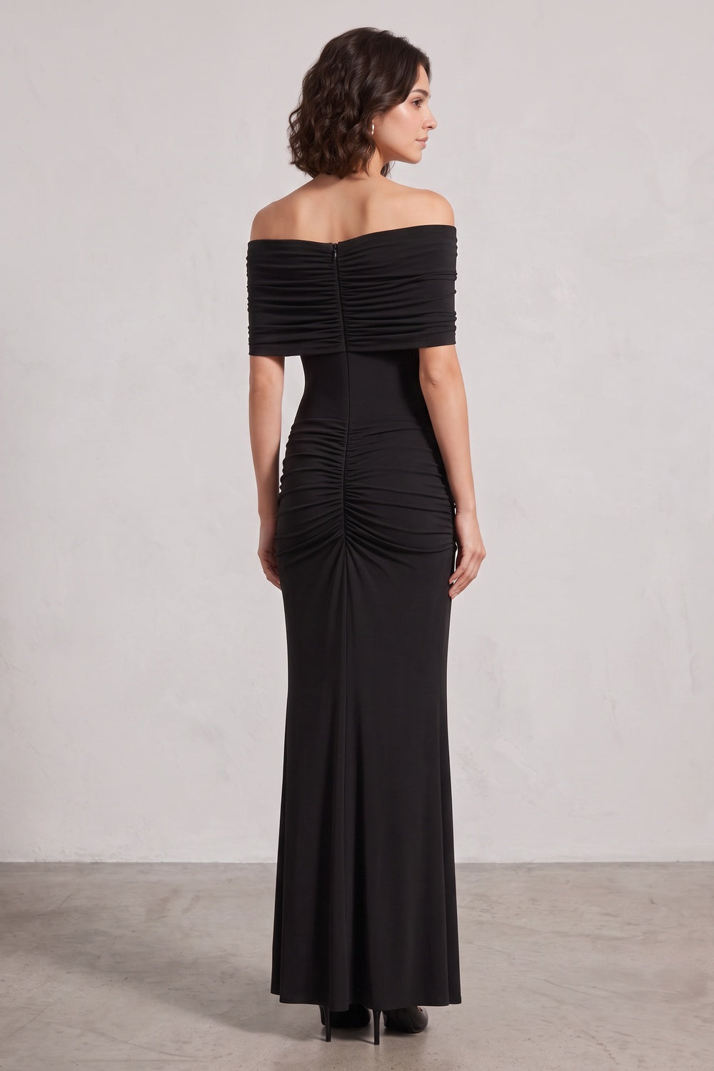 0d4a19e56ff8e670 OFF-SHOULDER RUCHED BLACK MAXI GOWN EVENING