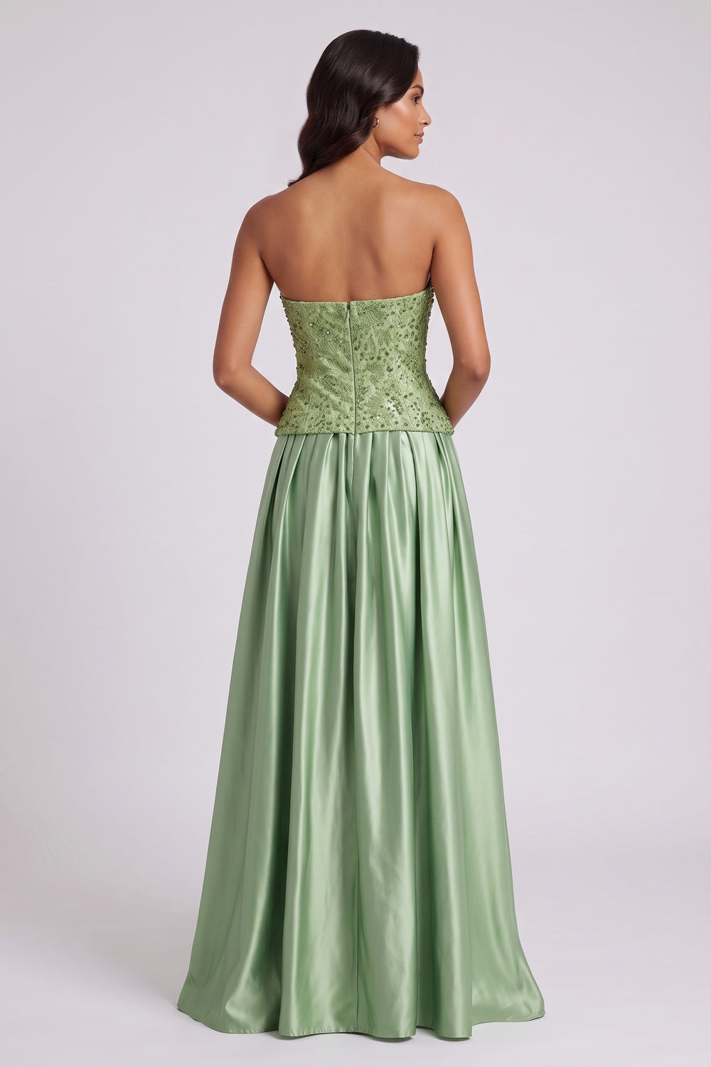0d968392daa8dafe SAGE GREEN STRAPLESS EMBELLISHED GOWN, FLOOR-LENGTH FORMAL
