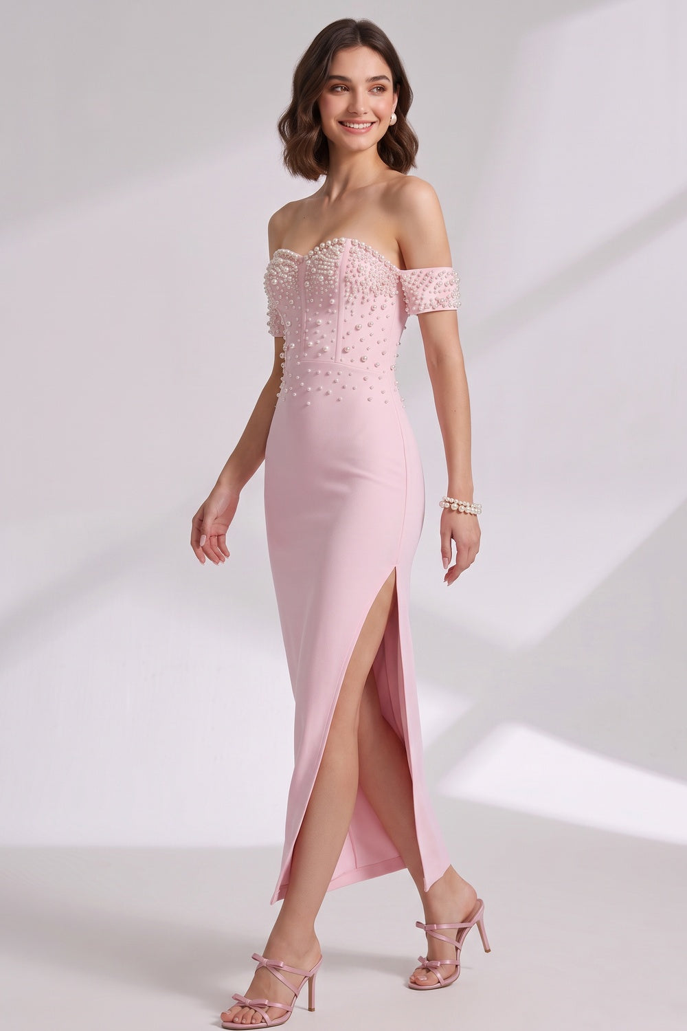 0da8c324657e92a1 LIGHT PINK PEARL SHEATH DRESS | STRUCTURED CREPE COCKTAIL