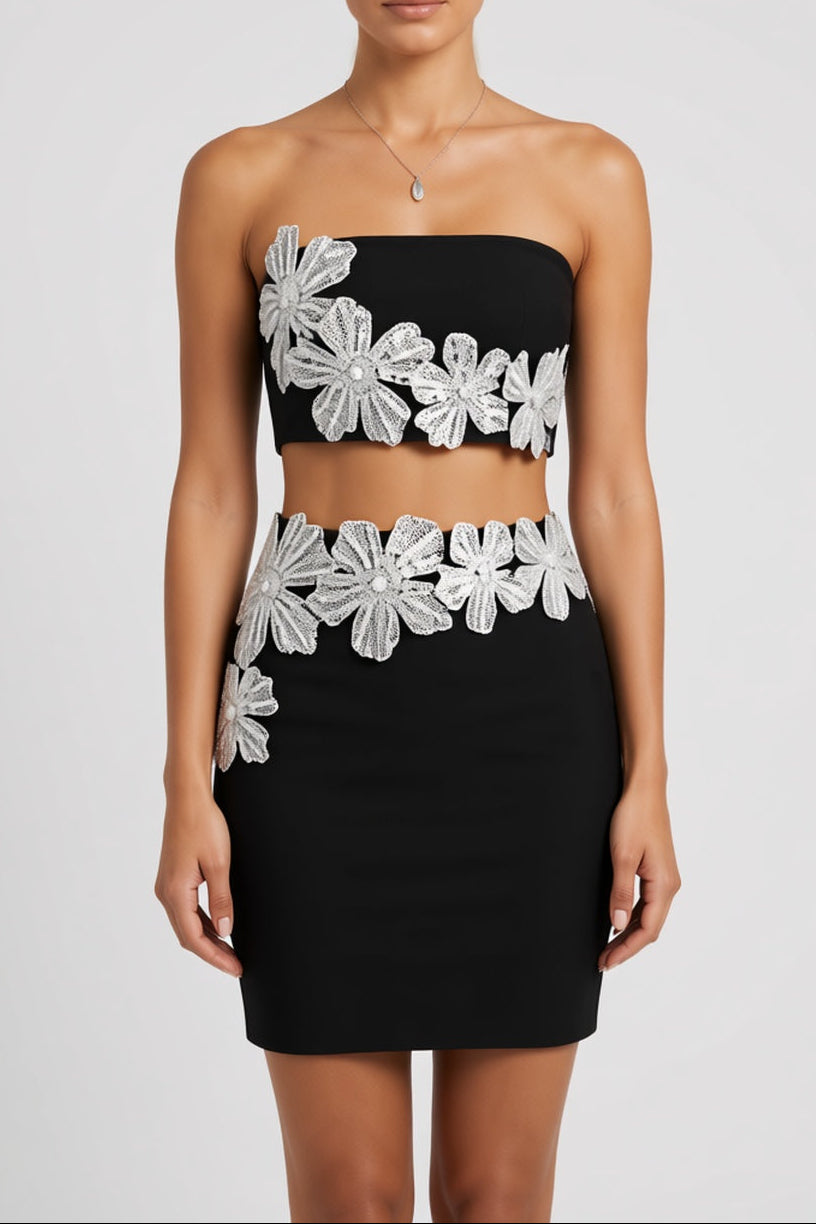 BLACK STRAPLESS TUBE TOP & PENCIL SKIRT SET, FITTED EVENING WEAR