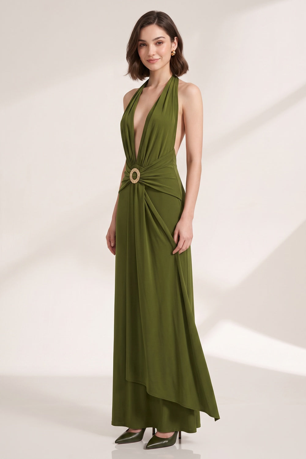 0e4f461f7b4c1a4c OLIVE GREEN FLUID COLUMN DRESS FOR EVENING