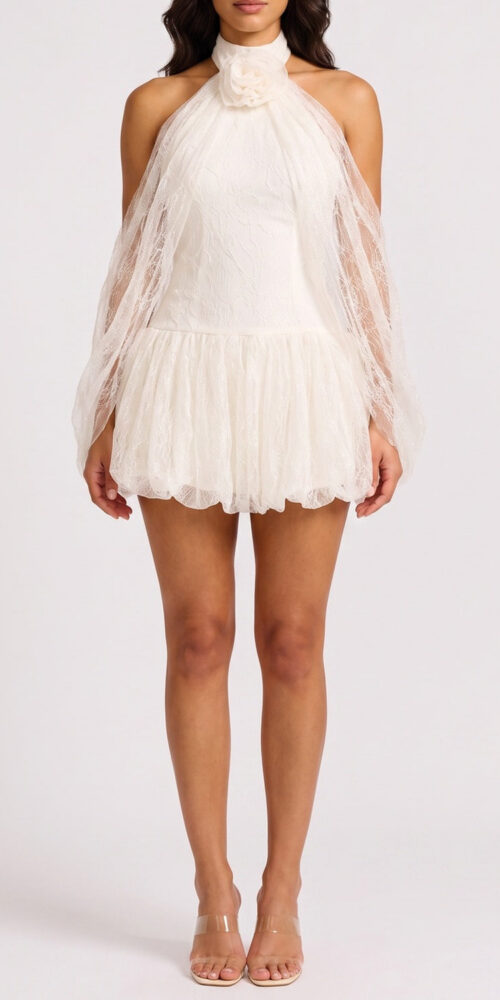 HALTER 3D LACE BELL SLEEVE MINI DRESS