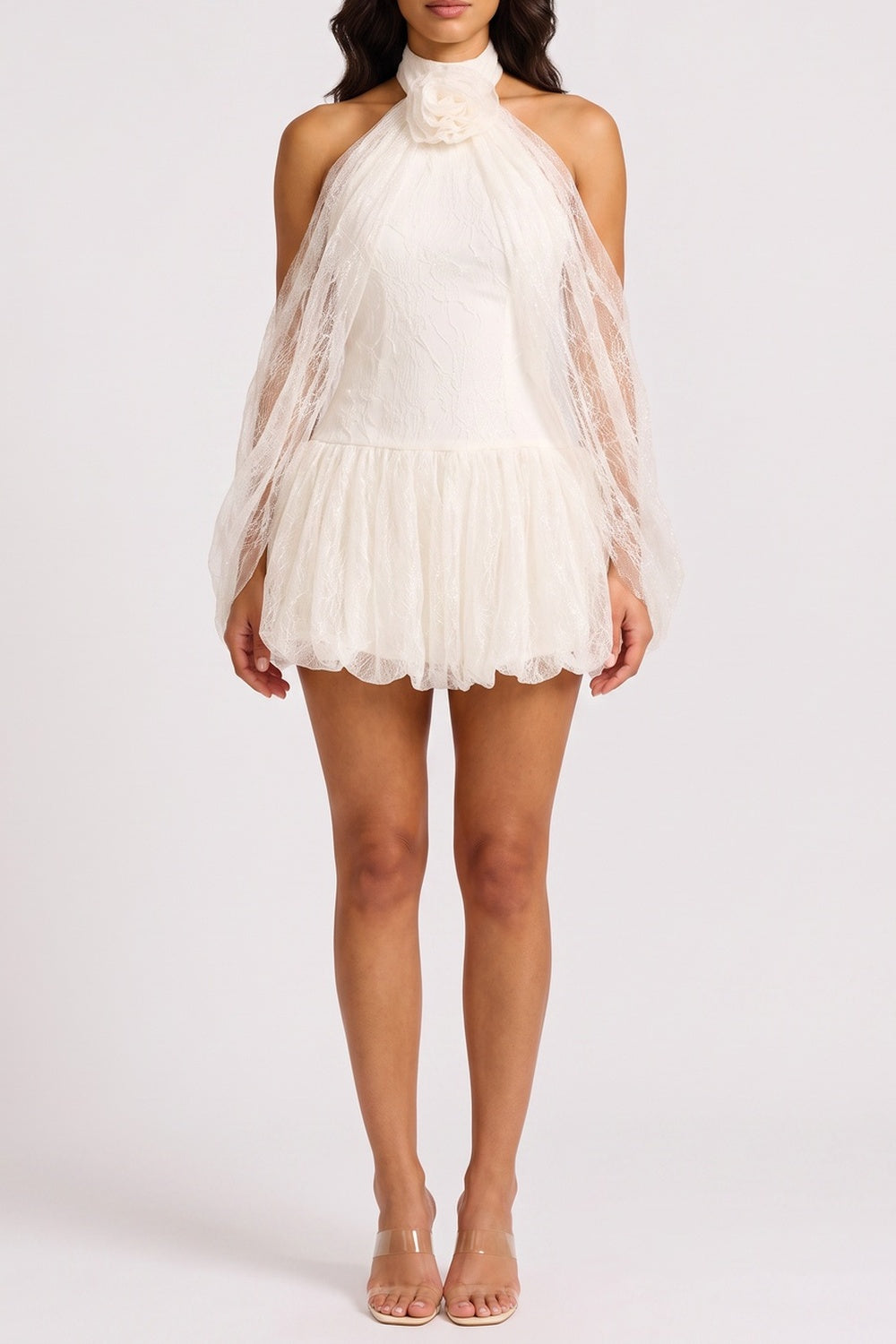 0e60a3b3ed30a242 HALTER 3D LACE BELL SLEEVE MINI DRESS