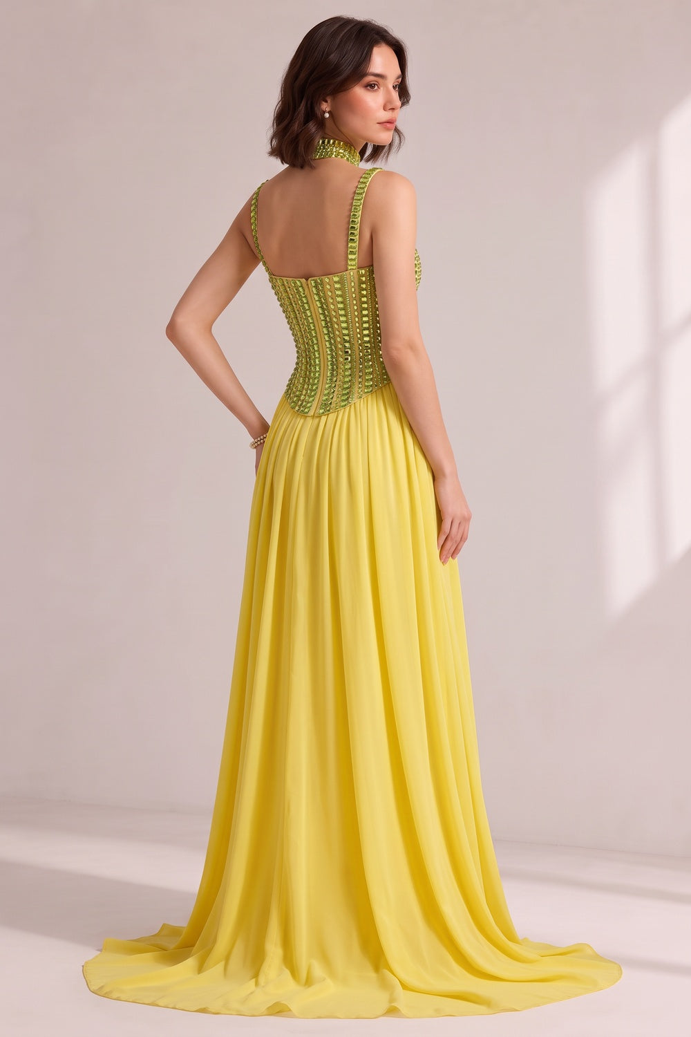 LIME GREEN RHINESTONE CHOKER PLEATED CHIFFON TRAIN GOWN