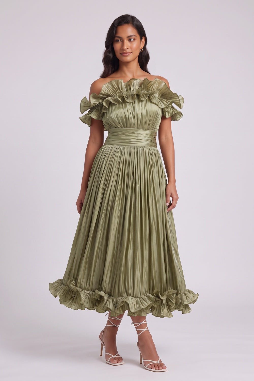 OLIVE GREEN OFF-SHOULDER PLEATED MIDI DRESS, FIT-FLARE