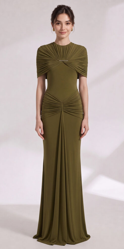 0f5c8118814cc53d OLIVE GREEN RUCHED COLUMN GOWN STRETCH JERSEY